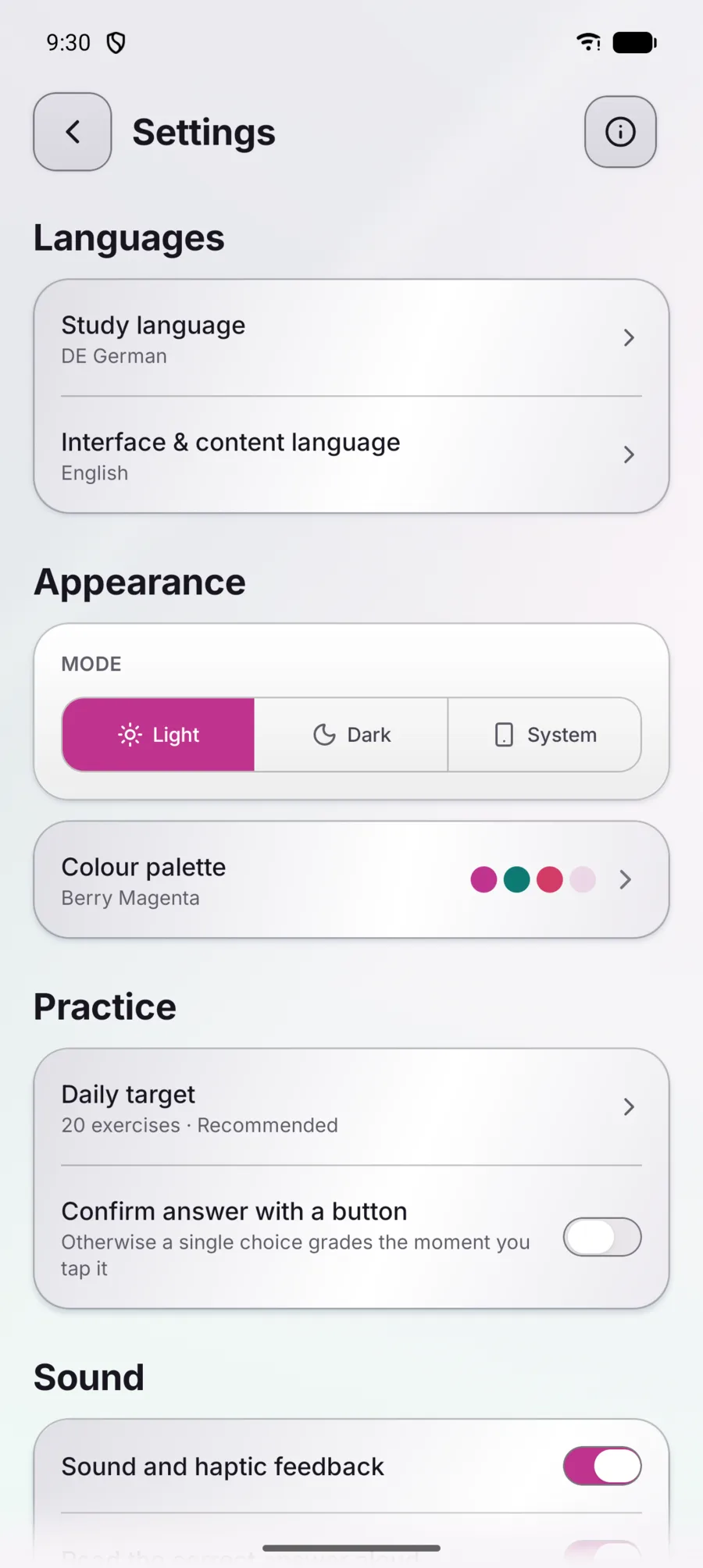 Lernoroo settings: appearance, colour palette and daily target