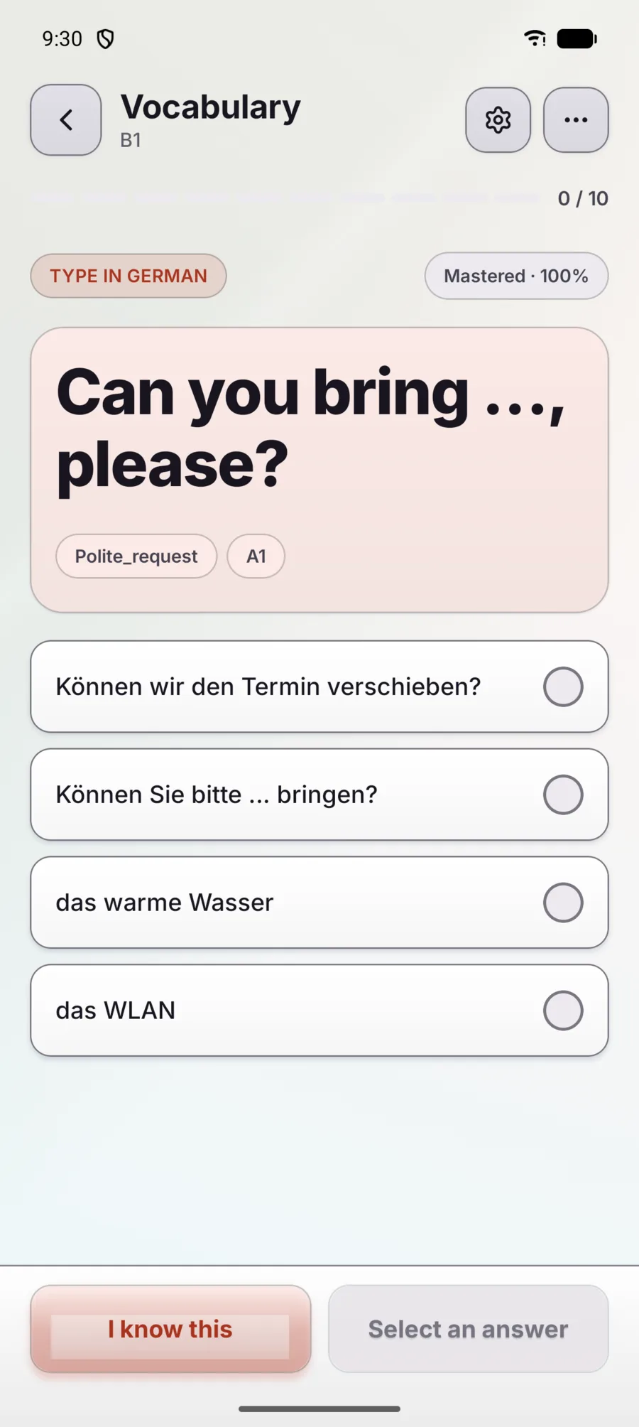 A vocabulary task in Lernoroo: type the German word from memory