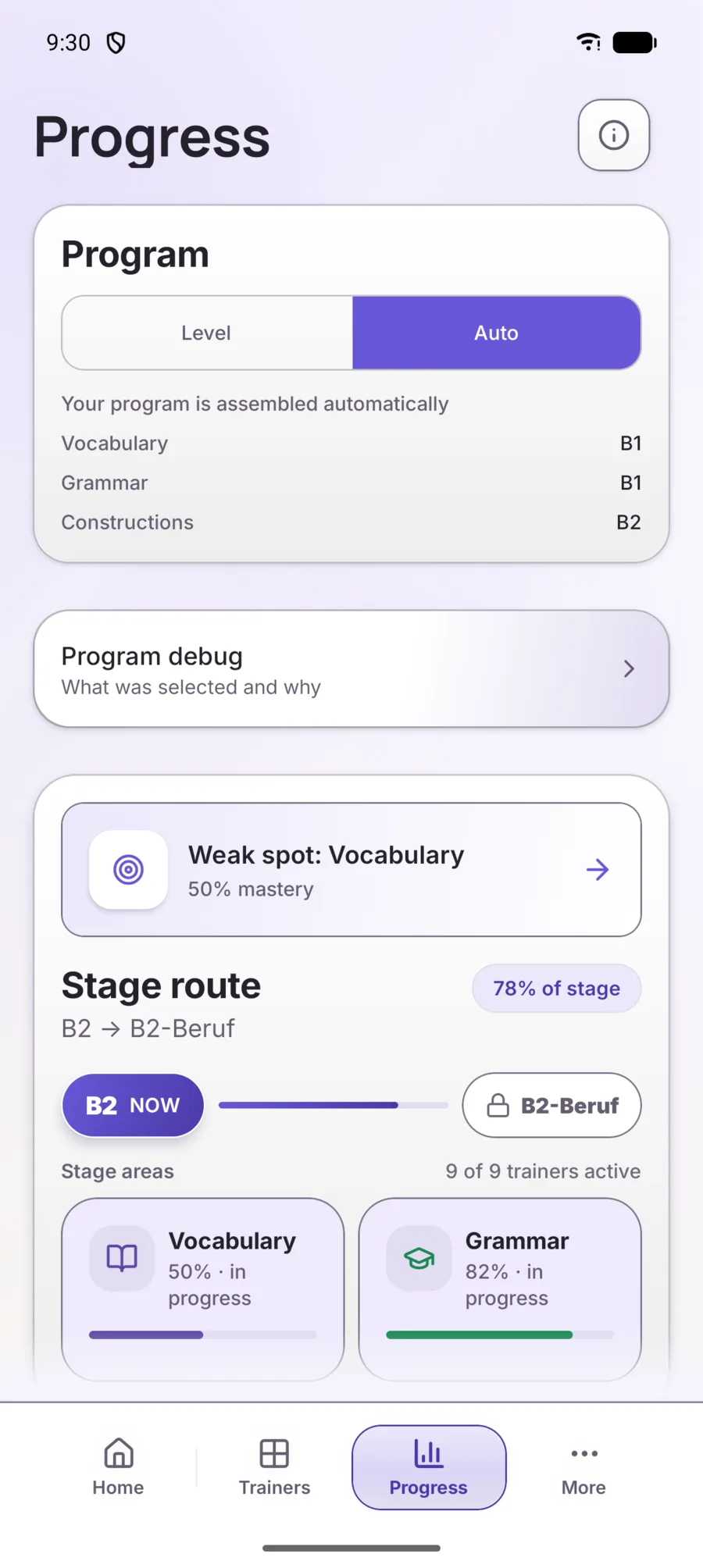 Lernoroo progress screen