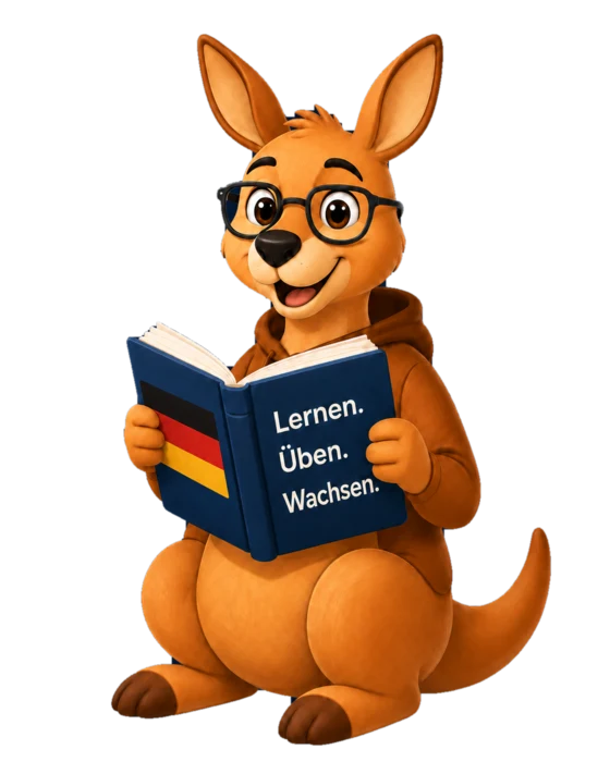Roo, the Lernoroo mascot, reading a German book