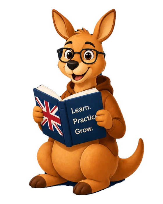 Roo, the Lernoroo mascot, reading an English book